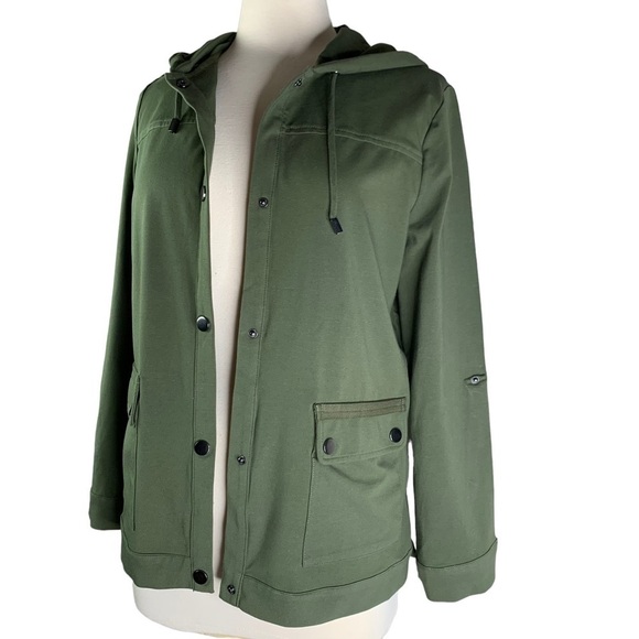 Chico’s New Polished Hooded Olive Colored Snap Front Closure Jacket w Pockets M - Picture 2 of 10